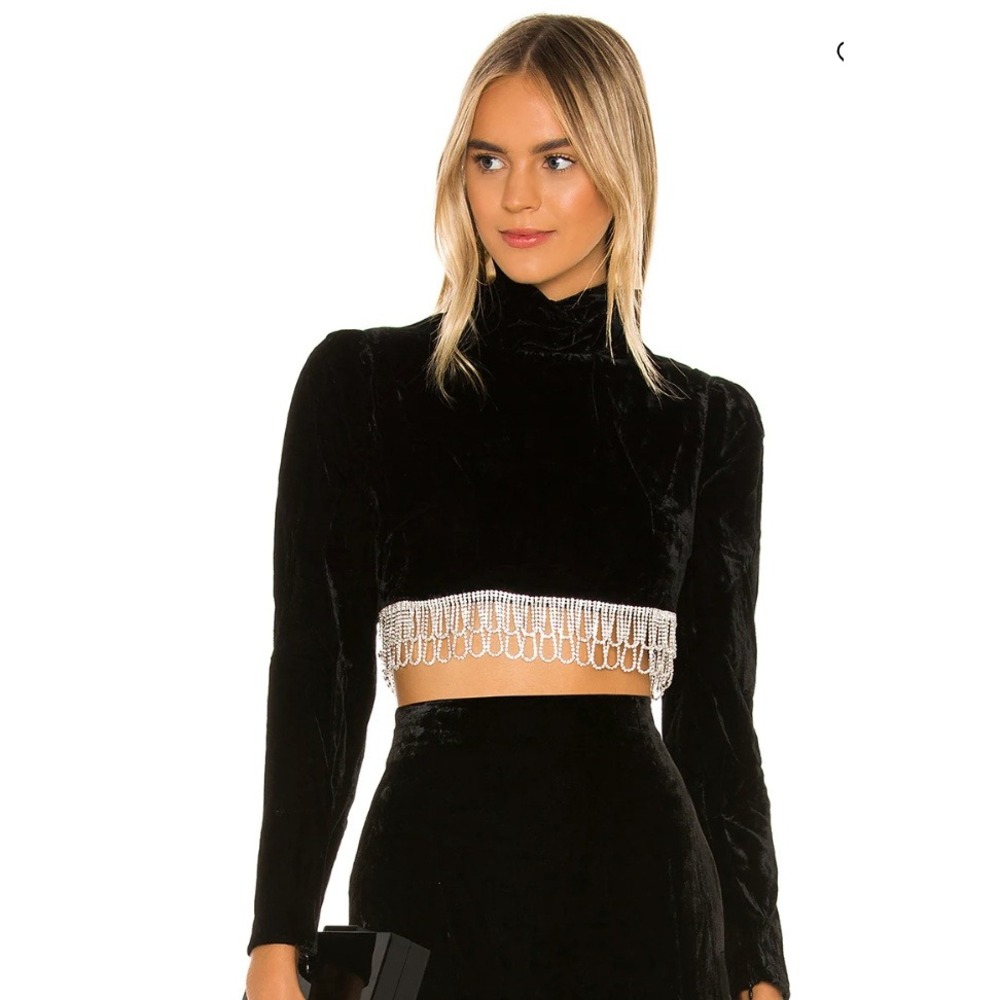 NWOT Camila Coelho Aliah Black Velvet Crystal Fringe Crop Top S Revolve